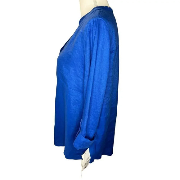 NEW JM Collection Size 10 Blue 100% Linen Roll Tab Button Front Tunic Top NWT - Picture 2 of 7